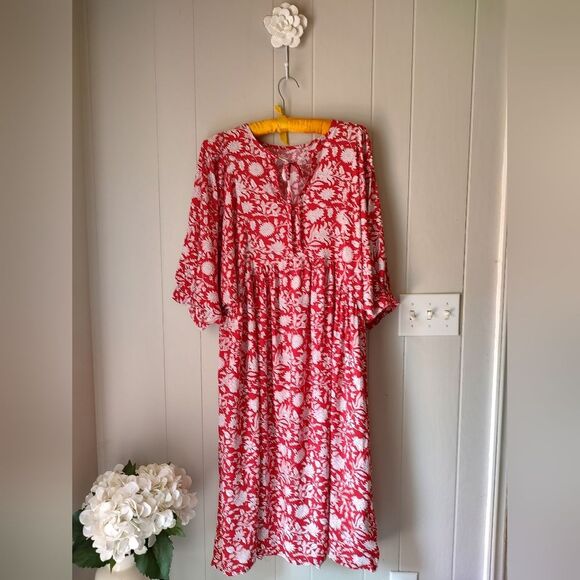 Red White Floral Roomy Thin Comfy Summer Dress Size Large - Picture 2 of 11